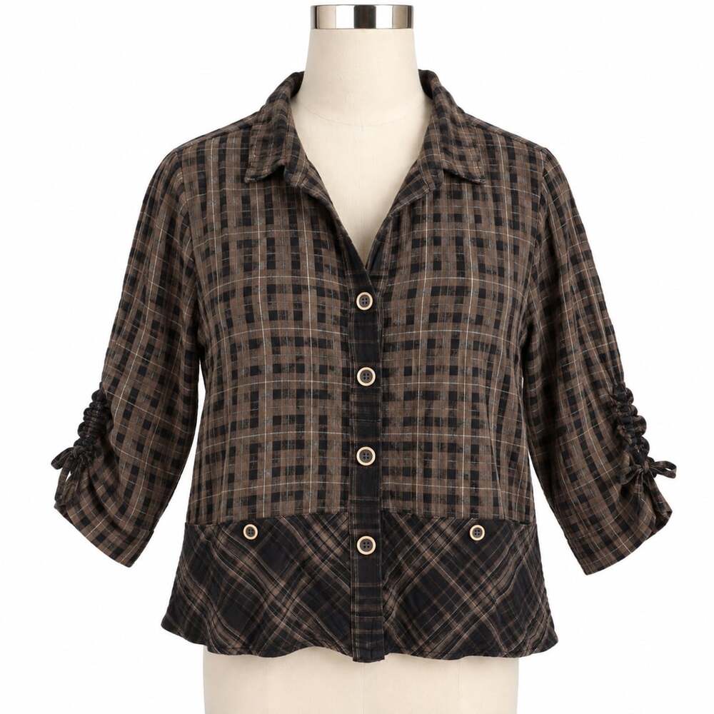 Habitat Clothes to Live In Women’s M Brown Black Plaid Ruched Sleeve Button Top